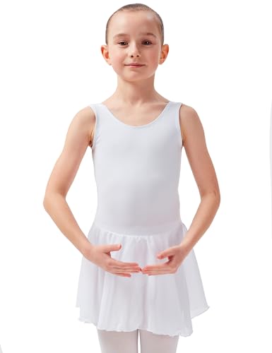 tanzmuster ® Ballettkleid Mädchen ärmellos - Minnie - aus weichem Baumwollstoff mit Chiffonröckchen Ballett Trikot Ballettanzug in weiß, Größe:116/122 von tanzmuster