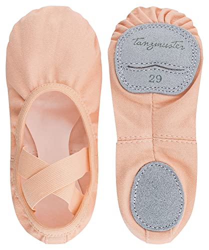 tanzmuster Ballettschuhe Mädchen - Bonnie - aus Baumwoll-Stretch - Geteilte Ledersohle - Ballettschläppchen für Kinder - Tanzschuhe für Ballett - rosa-apricot, 27 von tanzmuster