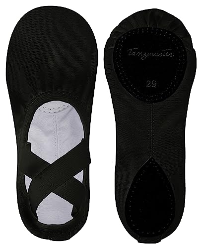 tanzmuster ® Ballettschuhe Mädchen Ballettschläppchen - Leon - 100% Baumwolle, elastischer Saum, Geteilte Ledersohle, schwarz, Größe 39 von tanzmuster