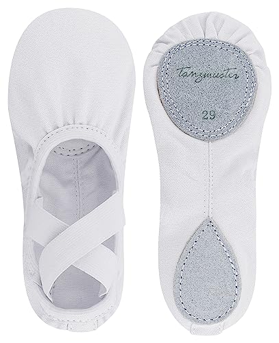 tanzmuster ® Ballettschuhe Mädchen Ballettschläppchen - Leon - 100% Baumwolle, elastischer Saum, Geteilte Ledersohle, weiß, Größe 40 von tanzmuster