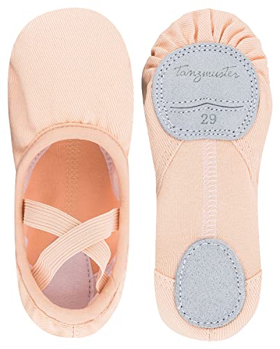 tanzmuster ® Ballettschuhe Mädchen Ballettschläppchen - Mika - Baumwoll-Stretcheinsatz, Geteilte Ledersohle, Rosa-Apricot, Größe 25 von tanzmuster