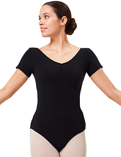 tanzmuster Ballett Trikot Damen Kurzarm - Fenja - Baumwolle - Bustier - geraffter Ausschnitt - schwarz 42 - Tanz Body - Ballettkleidung für Erwachsene von tanzmuster