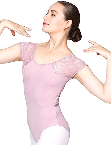 tanzmuster Ballett Trikot Damen Kurzarm - Maike - BH-Pad-Einschub - geblümte Spitze - malve 36 - rosa Tanz Body - Ballettkleidung für Erwachsene von tanzmuster