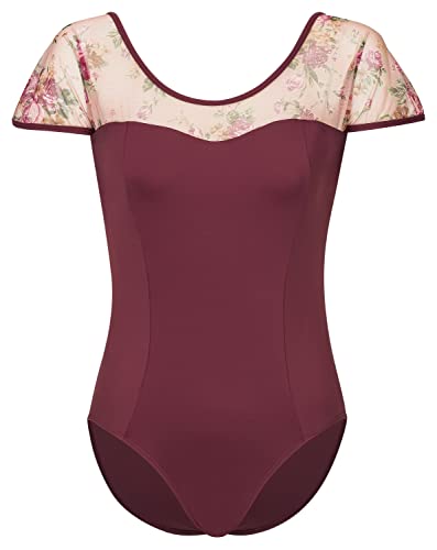 tanzmuster Ballett Trikot Damen Kurzarm - Marleen - BH-Pad-Einschub - geblümte Netzeinsätze - burgunder 36 - roter Tanz Body - Ballettkleidung für Erwachsene von tanzmuster