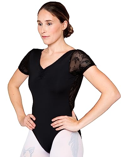 tanzmuster Ballett Trikot Damen Kurzarm - Muriel - BH-Pad-Einschub - tiefer Rücken - geraffter Ausschnitt - schwarz 36 - schwarzer Tanz Body - Ballettkleidung für Erwachsene von tanzmuster