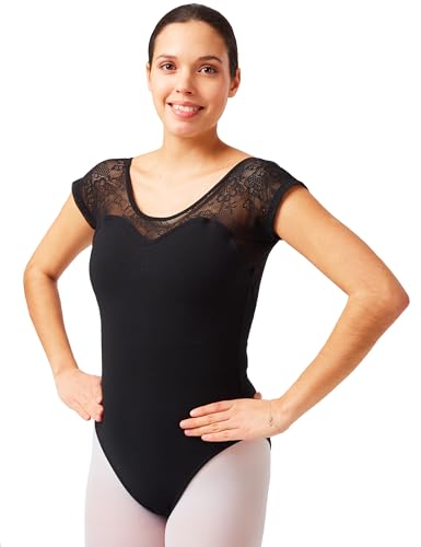 tanzmuster Ballett Trikot Damen Kurzarm - Natalie - Baumwolle - BH-Pad-Einschub - Ärmel aus Spitze geblümt - schwarz 40 - schwarzer Tanz Body - Ballettkleidung für Erwachsene von tanzmuster