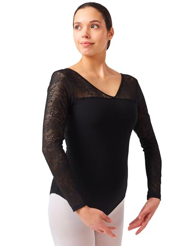 tanzmuster Ballett Trikot Damen Langarm - Britta - Baumwolle - BH-Pad-Einschub - Ärmel aus Spitze - schwarz 36 - schwarzer Tanz Body - Ballettkleidung für Erwachsene von tanzmuster