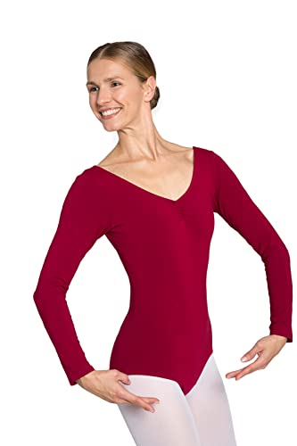 tanzmuster Ballett Trikot Damen Langarm - Isabelle - Baumwolle - Bustier - geraffter Ausschnitt - burgunder Größe 38 - roter Tanz Body - Ballettkleidung für Erwachsene von tanzmuster