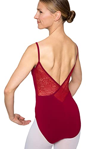 tanzmuster Ballett Trikot Damen Spaghettiträger - Nadine - BH-Pad-Einschub - tiefer Rücken mit geblümter Spitze - burgunder 40 - roter Tanz Body aus Baumwolle - Ballettkleidung für Erwachsene von tanzmuster
