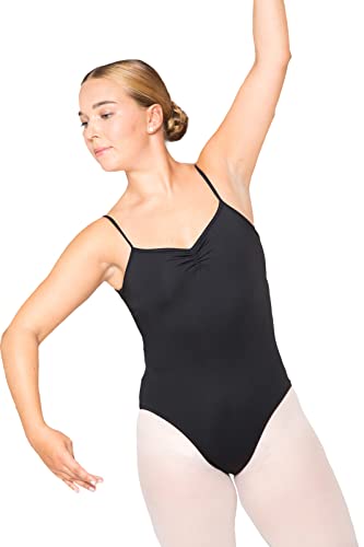 tanzmuster Ballett Trikot Damen Spaghettiträger - Tilda - BH-Pad-Einschub - Rückeneinsätze aus Spitze - geraffter Ausschnitt - schwarz 36 - schwarzer Tanz Body - Ballettkleidung für Erwachsene von tanzmuster