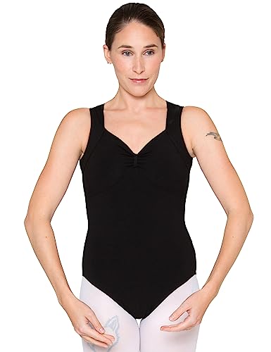 tanzmuster Ballett Trikot Damen ärmellos - Melinda - Baumwolle - BH-Pad-Einschub - geraffter Ausschnitt - schwarz 36 - schwarzer Tanz Body - Ballettkleidung für Erwachsene von tanzmuster