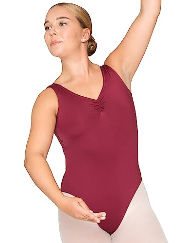 tanzmuster Ballett Trikot Damen breite Träger - Carolin - BH-Pad-Einschub - Cut-Out Rücken - geraffter Ausschnitt - burgunder 38 - roter Tanz Body - Ballettkleidung für Erwachsene von tanzmuster