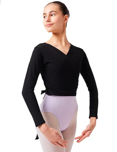 tanzmuster Ballett Wickeljacke Mädchen - Mandy - extra weicher Baumwollstoff - Ballettjacke zum Binden für Kinder - schwarz 104/110 von tanzmuster