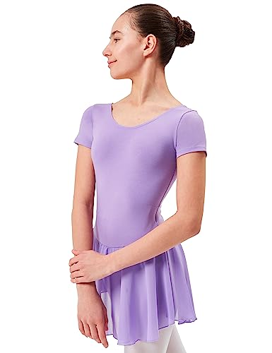 tanzmuster Ballettkleid Mädchen Kurzarm - Lucy - weiche Baumwolle - Chiffon Röckchen - Ballett Trikot für Kinder - Lavendel 152/158 von tanzmuster