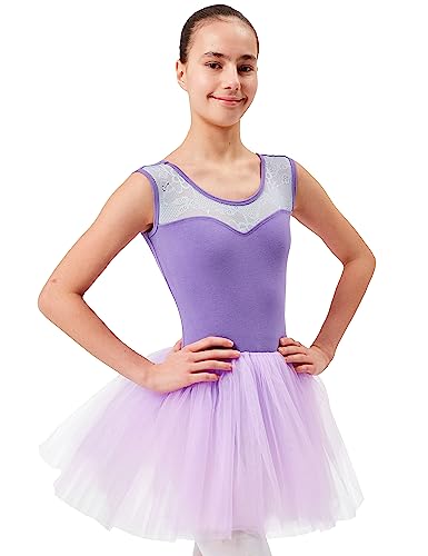 tanzmuster Ballettkleid Mädchen Tutu - Lottie - aus weichem Baumwollmaterial mit Spitzeneinsatz vorn und Tuturock Trikot fürs Kinder Ballett in lavendel, Größe:116/122 von tanzmuster