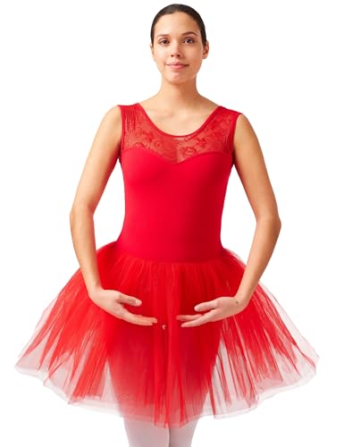 tanzmuster Ballettkleid Mädchen Tutu - Lottie - weiche Baumwolle - Spitzeneinsatz - Ballettbody für Kinder Ballett Trikot rot, 116/122 von tanzmuster