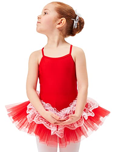 tanzmuster Ballettkleid Tutu Mädchen - Antonia - 3 Lagen Tüll und Spitze - glänzendes Lycra - Ballett Trikot mit Tüllrock in rot, Größe:116/122 von tanzmuster