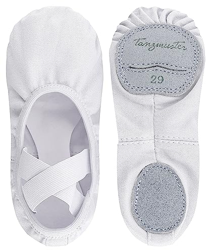 tanzmuster Ballettschuhe Mädchen - Bonnie - aus Baumwoll-Stretch - Geteilte Ledersohle - Ballettschläppchen für Kinder - weiße Tanzschuhe fürs Ballett, weiß, 31 von tanzmuster