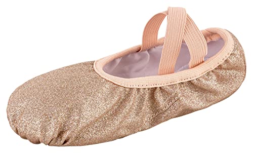 tanzmuster Ballettschuhe Mädchen Glitzer - Ella - ganze Ledersohle - Bronze Größe 24- Ballettschläppchen glänzend für Kinder - rosa beige Schläppchen glänzend fürs Ballett von tanzmuster