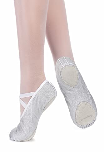 tanzmuster Ballettschuhe Mädchen Glitzer - LIA - Geteilte Ledersohle - Silber Größe 27- Ballettschläppchen glänzend für Kinder - Schläppchen glänzend fürs Ballett von tanzmuster