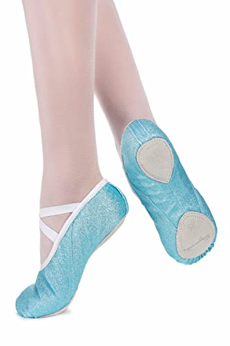 tanzmuster Ballettschuhe Mädchen Glitzer - LIA - Geteilte Ledersohle - hellblau Größe 28- Ballettschläppchen blau glänzend für Kinder - Schläppchen blau glänzend fürs Ballett von tanzmuster