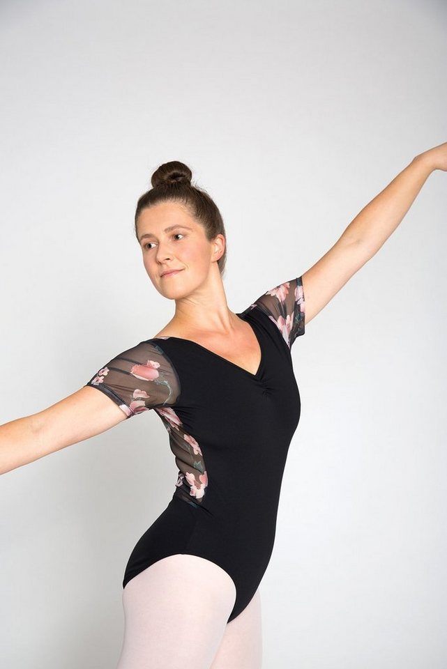 tanzmuster Body Damen Kurzarm Ballett Trikot Merle mit geblümtem Netzeinsatz Raffung am Ausschnitt von tanzmuster