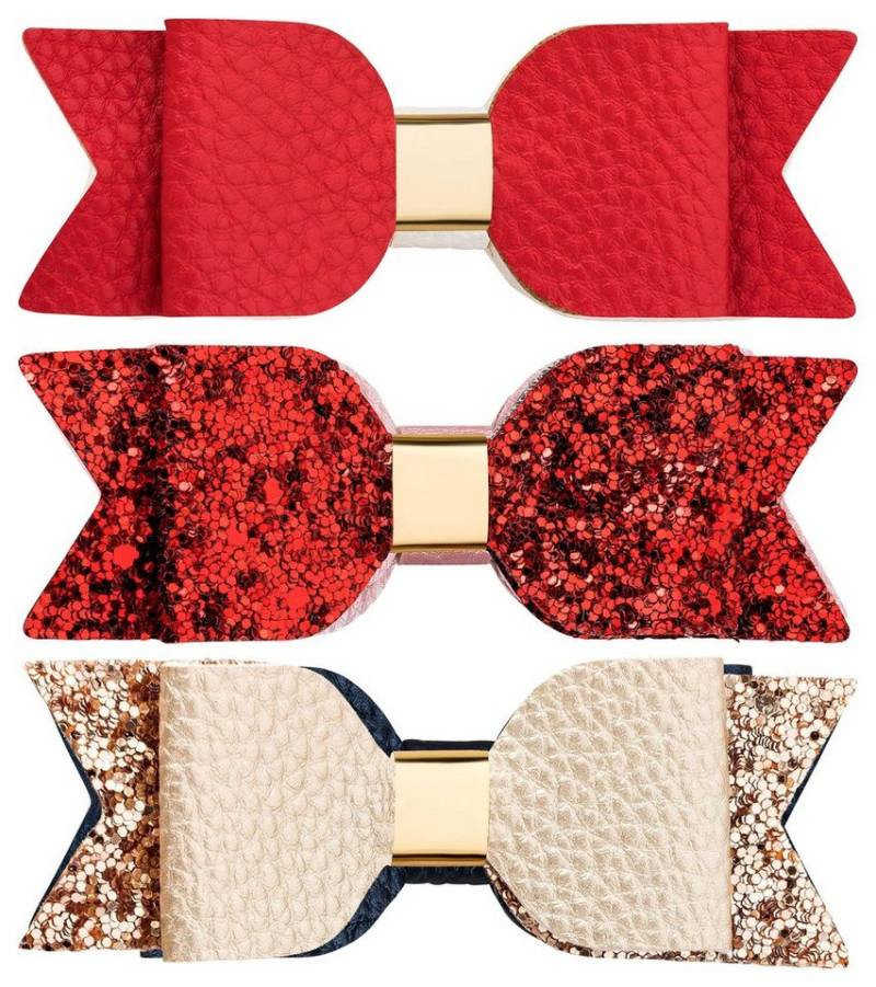 tanzmuster Haarspange Haarspangen mit Schleifen in Lederoptik, 3er Set rot, glitzerrot, glitzergold von tanzmuster