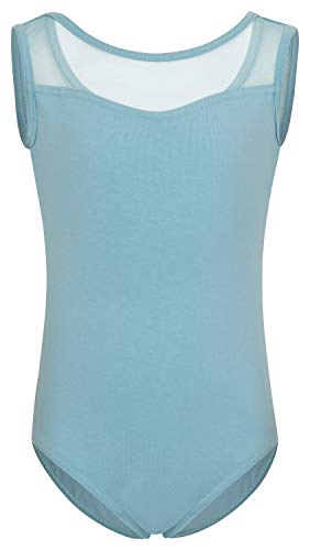 tanzmuster Kinder Ballett Trikot Emilia aus weicher Baumwolle mit breiten Trägern und Netzeinsatz vorn und hinten in hellblau, Größe:128/134 von tanzmuster