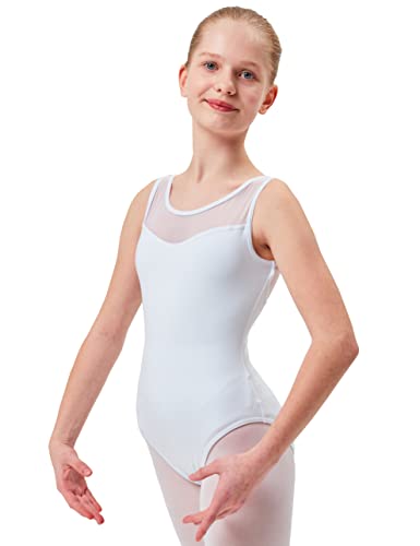tanzmuster Kinder Ballett Trikot Emilia aus weicher Baumwolle mit breiten Trägern und Netzeinsatz vorn und hinten in weiß, Größe:152/158 von tanzmuster