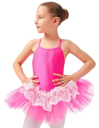 tanzmuster Ballettkleid Tutu Mädchen - Antonia - 3 Lagen Tüll und Spitze - glänzendes Lycra - Ballett Trikot mit Tüllrock in pink, 116/122 von tanzmuster