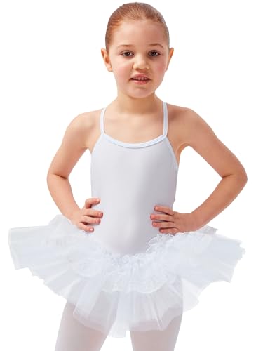 tanzmuster Kinder Ballett Trikot mit Tutu Antonia mit 3-lagigem Tüll und Einer Lage Spitze. EIN Zauberhaftes Ballettkleid für Mädchen in weiß, Größe:92/98 von tanzmuster