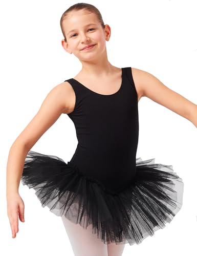 tanzmuster Kinder Ballett Tutu Anabelle aus Baumwolle mit Breiten Trägern und Tüllrock in schwarz, Größe:152/158 von tanzmuster