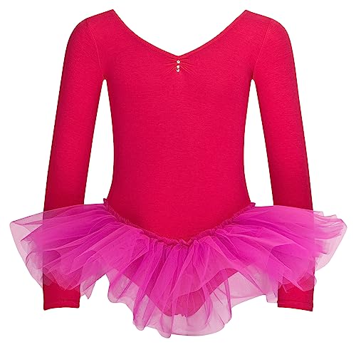 tanzmuster ® Ballett Tutu Mädchen Langarm - Romy - Glitzersteine - Baumwolle - Ballettbody Kinder Ballett Trikot in pink, Größe 104/110 von tanzmuster