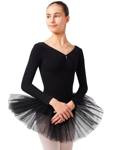 tanzmuster Kinder Ballett Tutu Romy - Langarm Ballettbody mit Tuturock und Glitzersteinen in schwarz, Größe:92/98 von tanzmuster