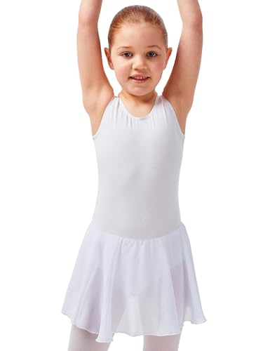 tanzmuster Kinder Ballettkleid Bella aus Baumwolle, breite Träger, Chiffon Rock und besonderer Rückenausschnitt in weiß, Größe:128/134 von tanzmuster