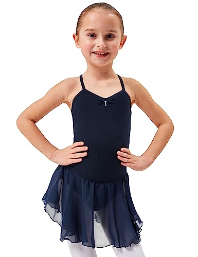 tanzmuster Kinder Ballettkleid Maja - süßer Spaghetti-Träger Ballettbody mit Chiffon Röckchen und Glitzersteinen in Marineblau, Größe:128/134 von tanzmuster