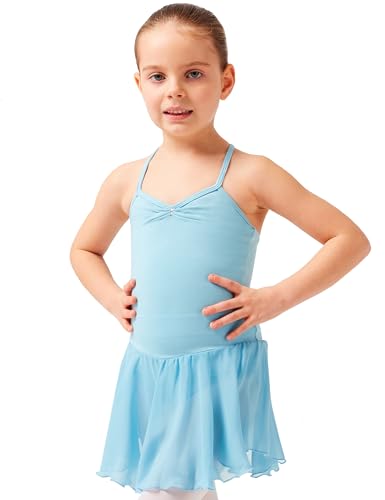 tanzmuster Kinder Ballettkleid Maja - süßer Spaghetti-Träger Ballettbody mit Chiffon Röckchen und Glitzersteinen in hellblau, Größe:128/134 von tanzmuster