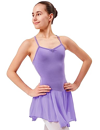 tanzmuster Kinder Ballettkleid Maja - süßer Spaghetti-Träger Ballettbody mit Chiffon Röckchen und Glitzersteinen in lavendel, Größe:152/158 von tanzmuster