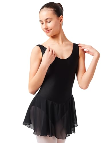 tanzmuster Kinder Ballettkleid Polly aus glänzendem Lycra mit breiten Trägern und Chiffon Röckchen in schwarz, Größe:164/170 von tanzmuster