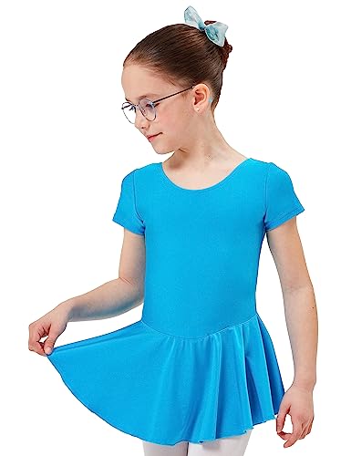 tanzmuster Kinder Kurzarm Ballett Trikot - Marina - mit Röckchen - glänzendes Lycra - Ballettkleid für Kinder petrol, Größe:128/134 von tanzmuster