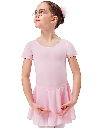 tanzmuster ® Ballettkleid Mädchen Kurzarm - Lucy - Baumwolle - Chiffon Röckchen in Hellrosa, Größe:152/158 von tanzmuster