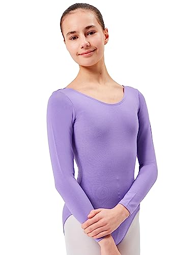 tanzmuster Ballettanzug Mädchen Langarm - Lilly - aus Baumwolle, Ballettbody Kinder Ballett Trikot in lavendel, Größe 116/122 von tanzmuster