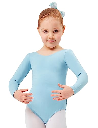 tanzmuster ® Ballettanzug Mädchen Langarm - Lilly - aus Baumwolle, Ballettbody Kinder Ballett Trikot in hellblau, Größe 128/134 von tanzmuster