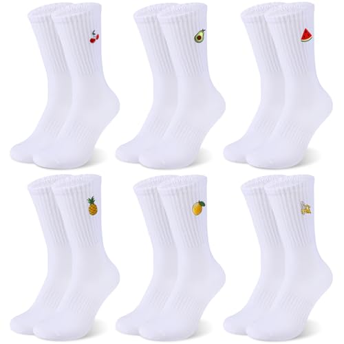 taonganui 6 Paar Weiß Tennissocken Socken Damen & Herren Crew Socks mit Motiv, EU 39-42 Sportsocken mit Fruchtmuster, Unisex Sport-Socken Atmungsaktive Arbeitssocken von taonganui