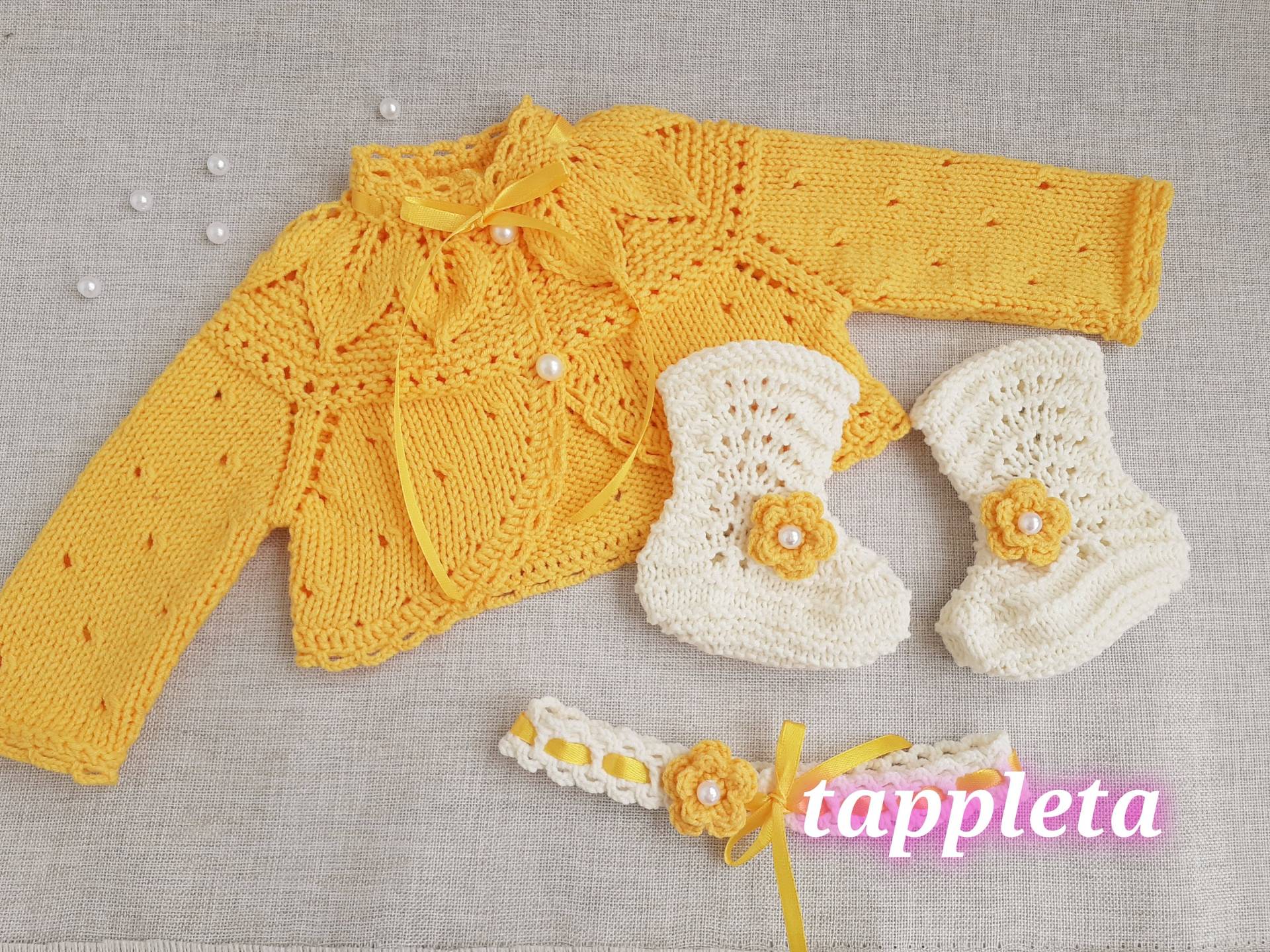 Sommer Outfit Baby Mädchen, Strick Mädchen Gelber Bolero, Kniestrümpfe Und Stirnband Blumen Stil Satz von tappleta