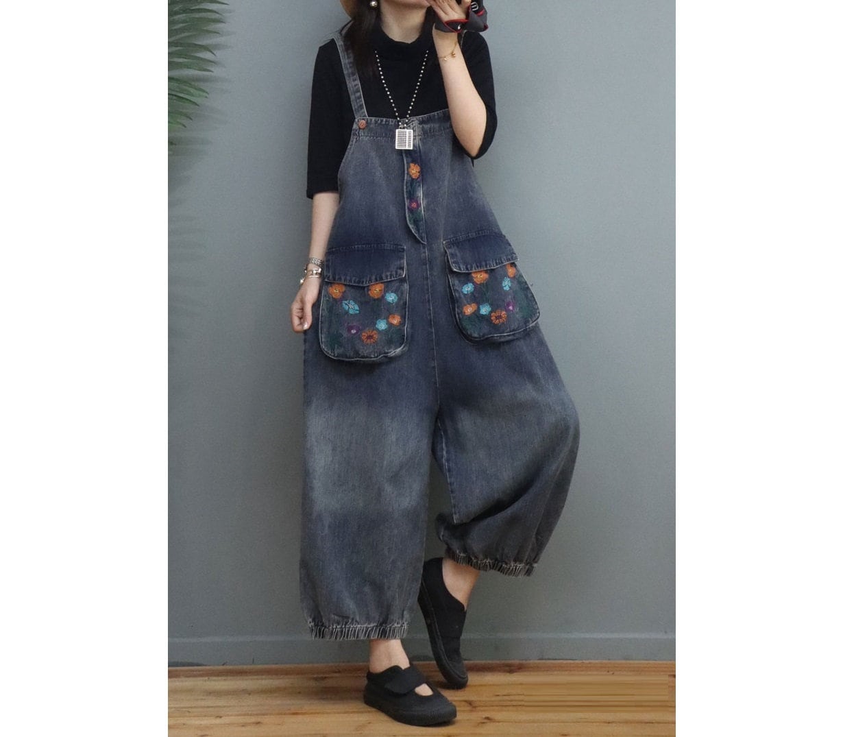 Damen Locker Sitzende Stickerei Jeans Overalls Mit Großen Taschen/Lässige Baumwoll Lose Für Frauen von tatamall