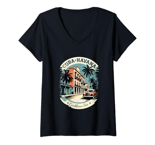 Damen Kuba Havanna Retro Auto Oldtimer Vintage Karibik Palmen T-Shirt mit V-Ausschnitt Damen Kuba Havanna Retro Auto Oldtimer Vintage Karibik Palmen T-Shirt mit V-Ausschnitt von tatia4design