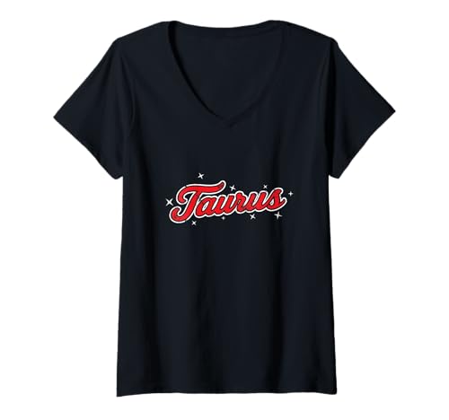 Damen Sternzeichen Stier, Retro-Schriftzug, Rot T-Shirt mit V-Ausschnitt Damen Sternzeichen Stier, Retro-Schriftzug, Rot T-Shirt mit V-Ausschnitt von taurus script retro zodiac red sign Astrology