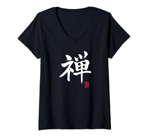 Damen Zen Meditation Kanji Symbol T-Shirt mit V-Ausschnitt Damen Zen Meditation Kanji Symbol T-Shirt mit V-Ausschnitt von team Budo