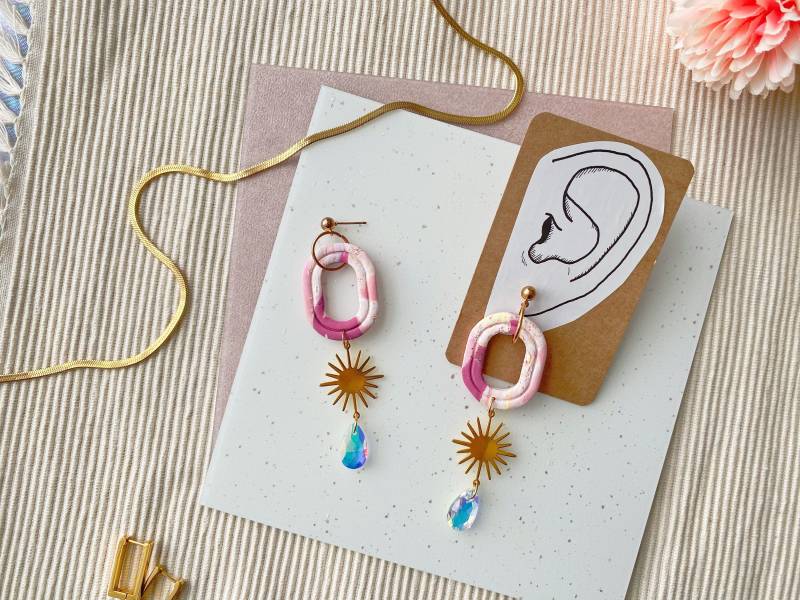 Marbled Sun Crystal - Polymer Clay Ohrringe Einzigartiger Magenta Rotgold Blatt Türkis Tropfen Suncatcher Textur Matte Poly Ohrring von teapeach